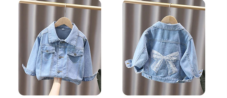 2-9 Years Babi Girls Denim Jacket New Fashion Baby Kids Jean Coats For Girls Cute Lace Bow Design Children Outerwear Clothing