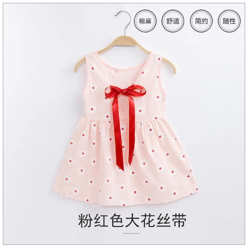 2025 Summer Girls Print Binding Rope Dress For 1-6Years Kids Cotton Sleeveless Sundress Baby Beach Above Knee Mini Casual Dress