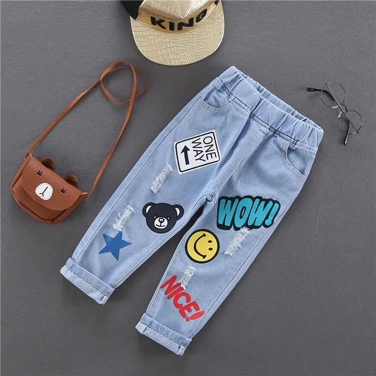 Jeans de niños de primavera otoño, pantalones vaqueros elásticos de algodón con estampado empalmado, pantalones de mezclilla coreanos para adolescentes, ropa infantil