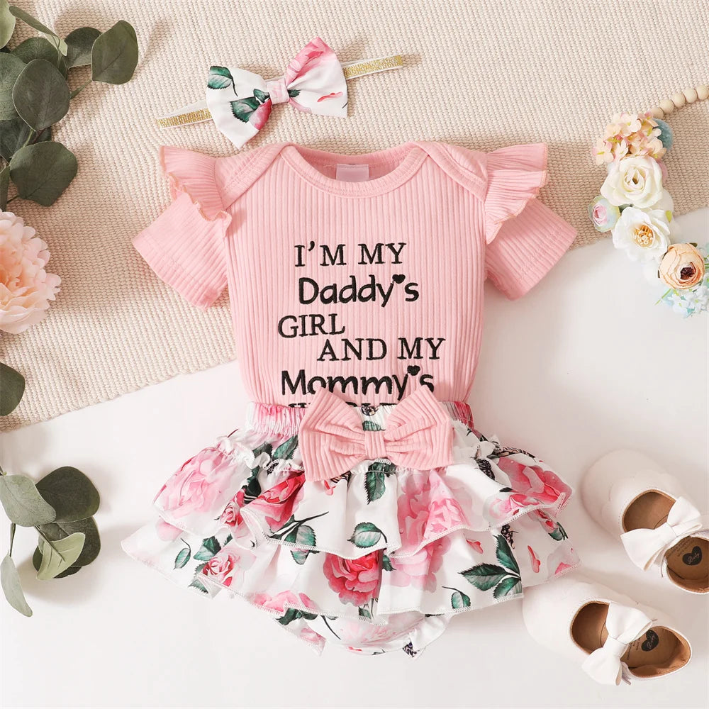 0-18 Monate Kleinkind Baby Mädchen 3-teiliges Kostüm-Set Neugeborenes Baby Mädchen Rüschen Kurzarm Strampler + kurze Hose Rock Kleinkind Mädchen Set