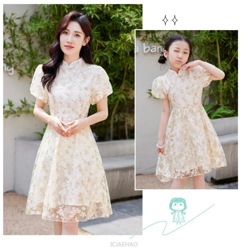 Mother Daughter Matching Dresses Vintage CheongsamGirl Daily Wear Retro Floral Dress Princess Gown Summer Outfit Mommy and