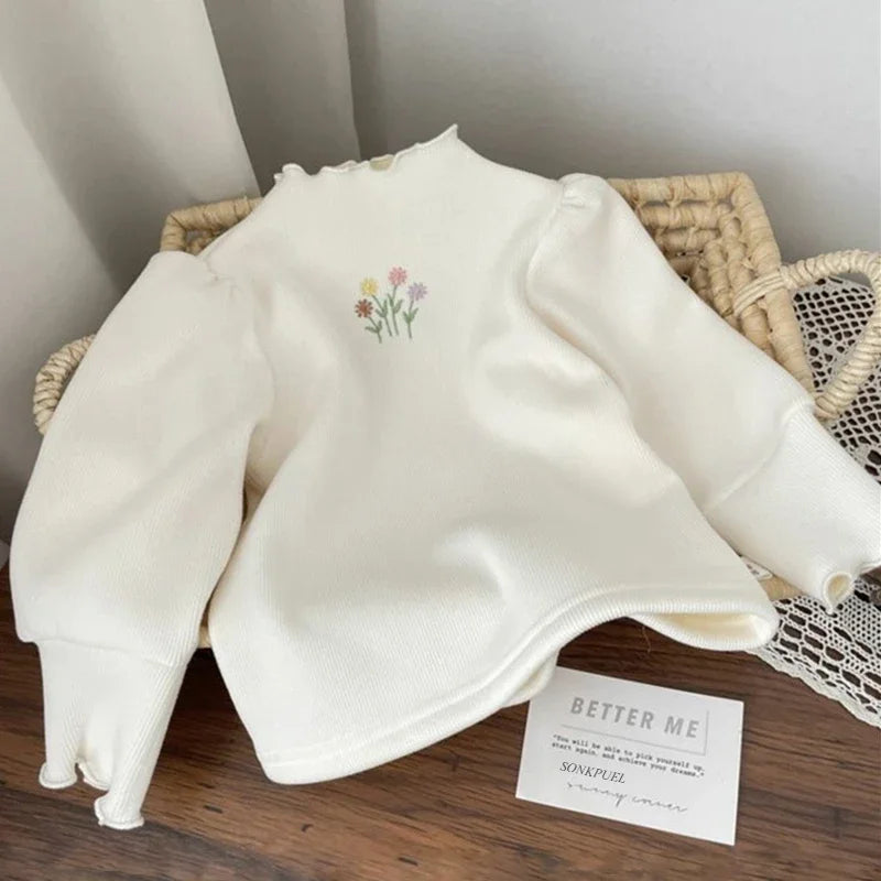 Kleinkind Mädchen Pullover Winter Kinder Warme Verdickte Pullover Kinder Puffärmel Blumenstickerei Unterhemd 1-6 Jahre Freizeitkleidung