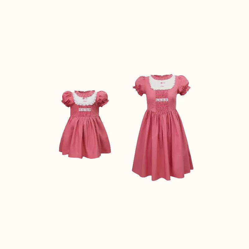 Baby One-year-old Mother and Daughter Boutique Dress Rose Red Dress Girls Summer Parent-child Mori Pastoral Dress