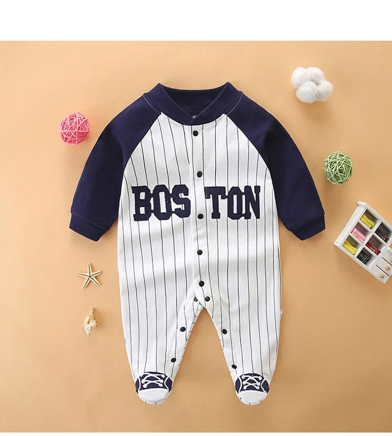Uniforme de béisbol de algodón puro para bebé, manga larga bombacha, ropa de recién nacido, envoltorio de pies, primavera, otoño, 0-1 año