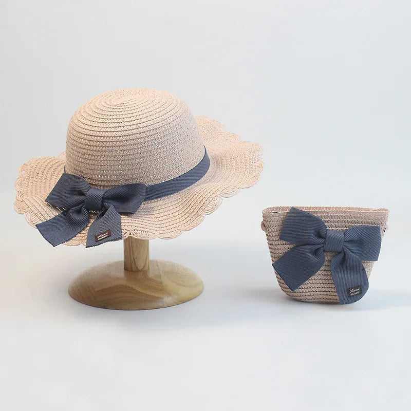 Summer Girls Beach Sun Hats Lotus Leaf Brim Cute Squinting Eyes Bowknot Outdoor Sun Protection Children Straw Cap Kids