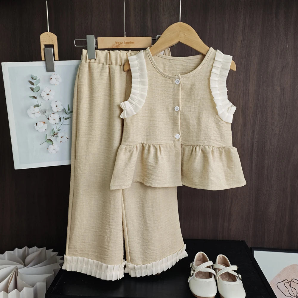 Bear Leader Koreanische Version Kinderkleidung Mädchen Blauer Imitations-Jeansanzug Sommer Neu Ärmelloses Oberteil + Weite Hose Zweiteiler Set
