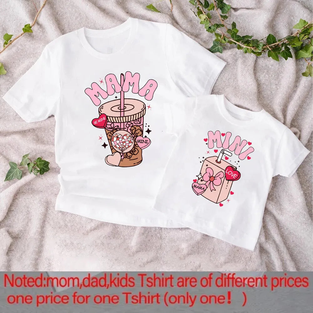 Mama Mini Coffee Milk Print Family Shirts Valentine's Day Mom & Daughter Matching Outfit Valentine T-shirt Mom Girls Clothes Tee