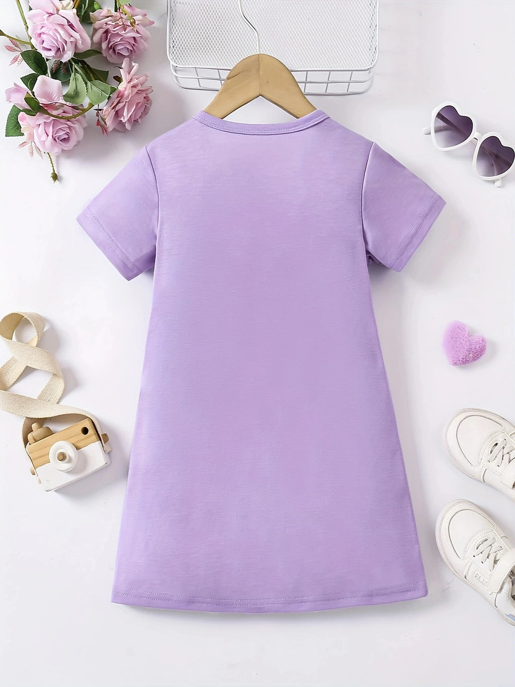 Bonito mono informal de verano para niña con estampado de amor, vestido de mezcla de fibra de poliéster suave, transpirable y elástico.