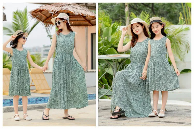 New Mother Daughter Summer Dresses Sleeveless Floral Flower Print Sundress Mom Mommy and Me Beach Dress Family Matching Outfits