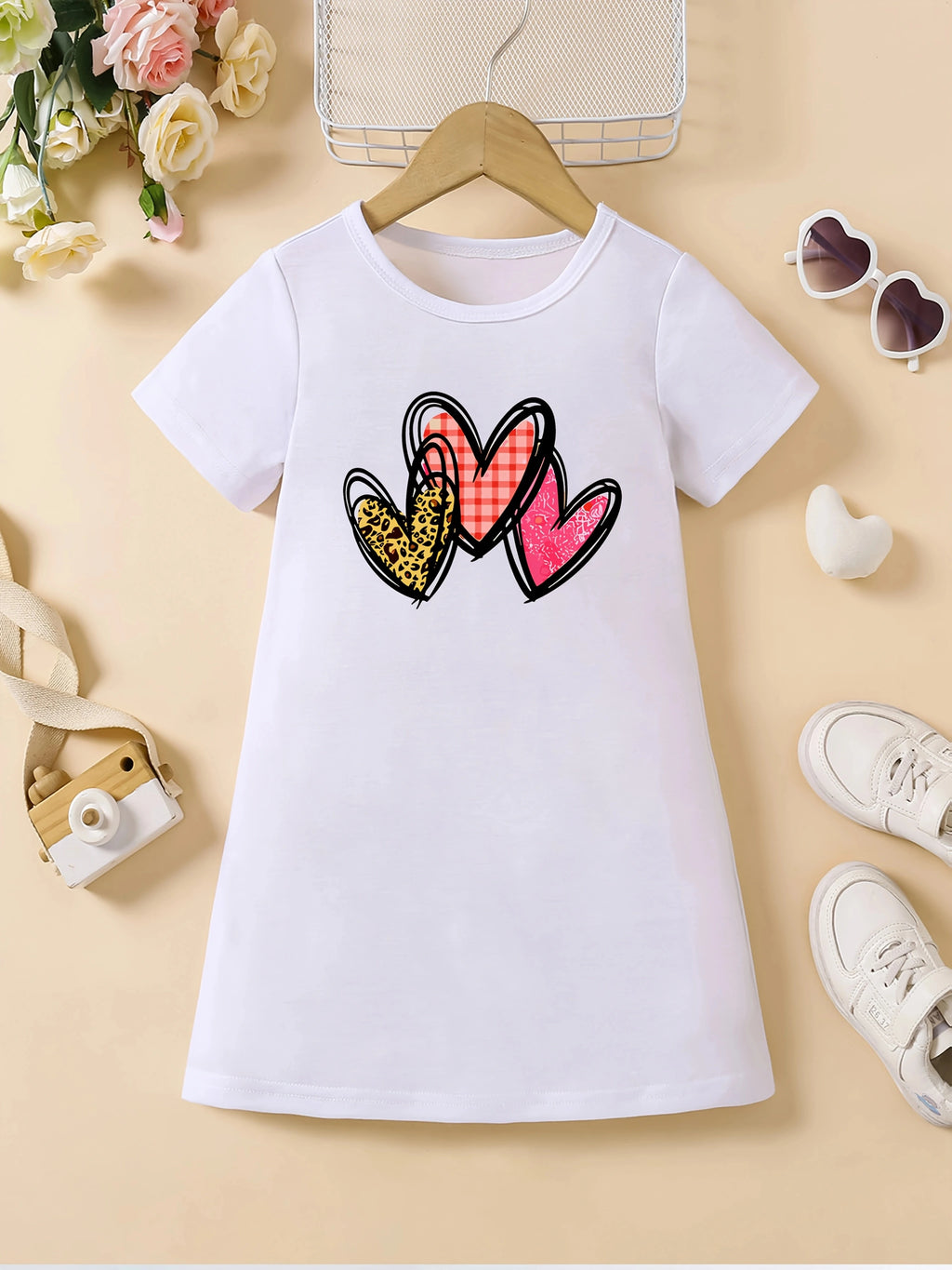 Bonito mono informal de verano para niña con estampado de amor, vestido de mezcla de fibra de poliéster suave, transpirable y elástico.