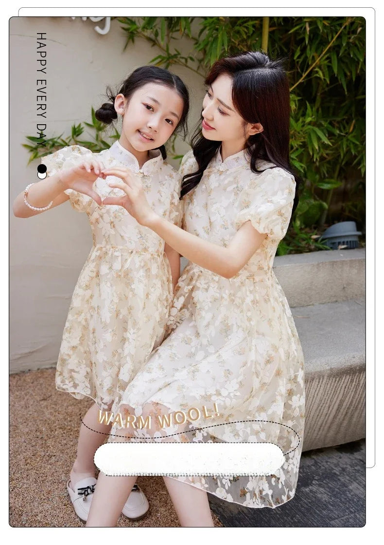 Mother Daughter Matching Dresses Vintage CheongsamGirl Daily Wear Retro Floral Dress Princess Gown Summer Outfit Mommy and
