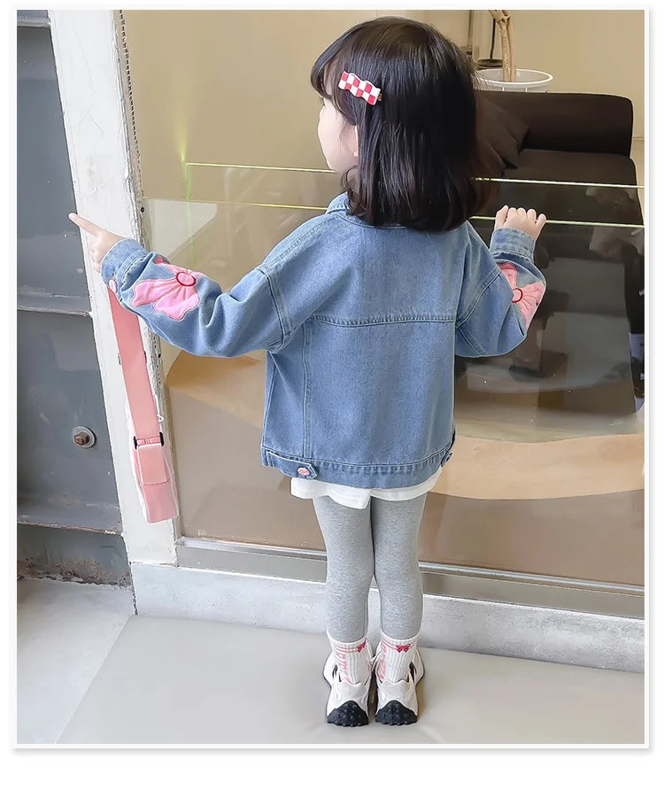 Lovely Style Babi Girls Casual Blue Denim Jacket Coat with Bow Embroidery Kids Child Fashion Spring Autumn Streetwear Outfit