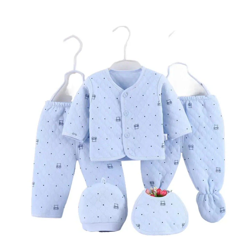 Baby Stepp-Bekleidungsset aus Baumwolle Warme Kleidung für Säuglinge Neugeborenen-Schlafanzug mit Mütze & Lätzchen 5-teiliger Anzug