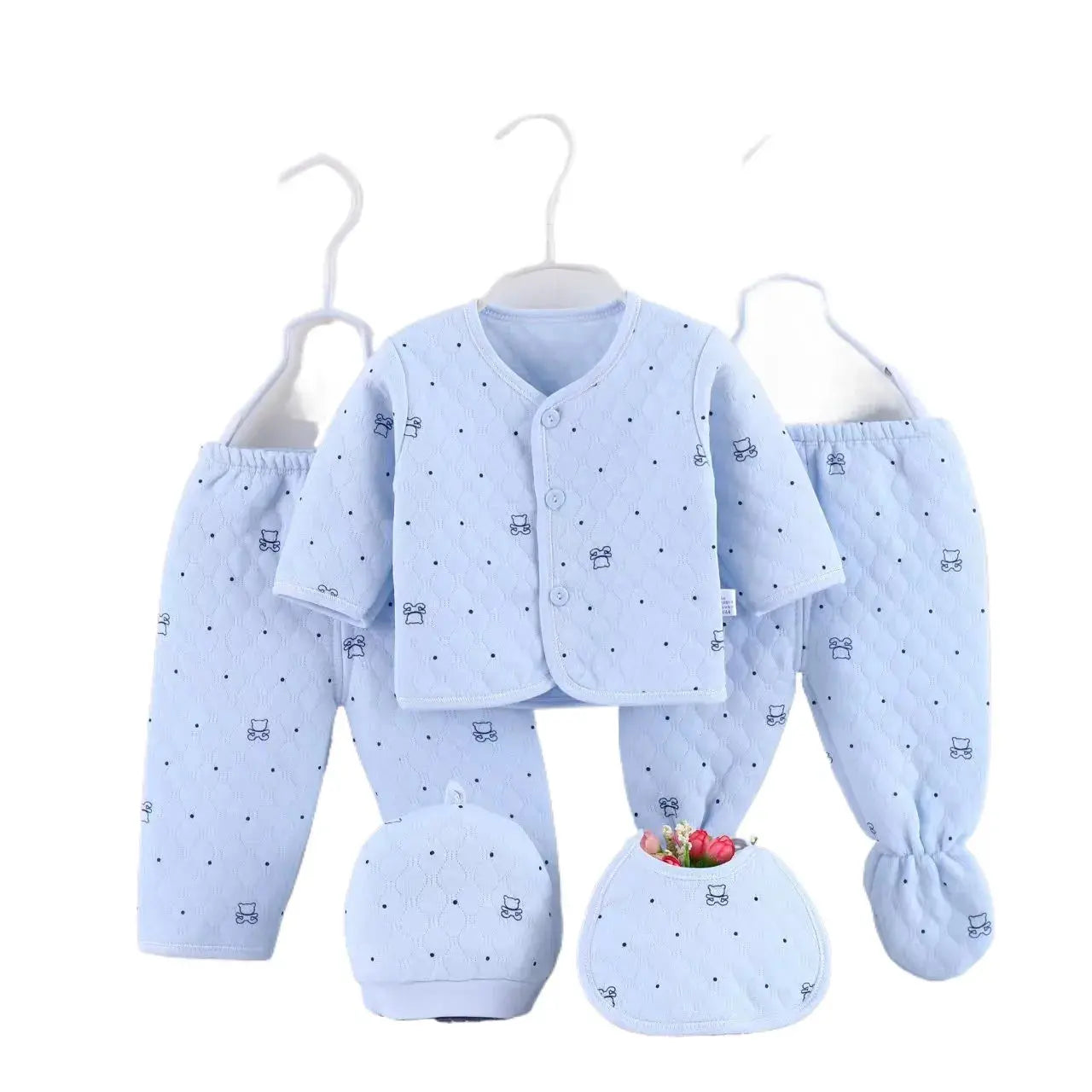 Baby Stepp-Bekleidungsset aus Baumwolle Warme Kleidung für Säuglinge Neugeborenen-Schlafanzug mit Mütze & Lätzchen 5-teiliger Anzug