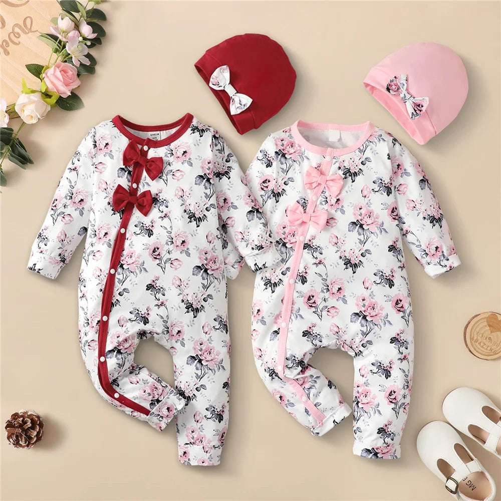 0-18 Monate Neugeborenes Baby Mädchen Strampler Kleidung Langarm Blumen Body Kostüm Süßer Baby Frühlings-Jumpsuit mit Hut