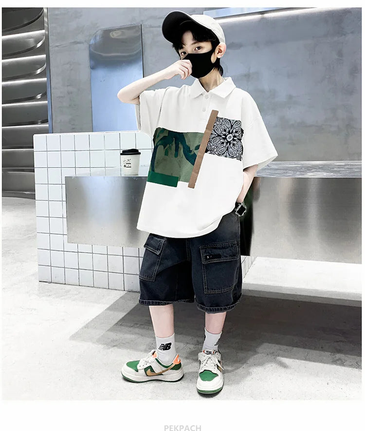 Jungen Kleidung Sommer Set Kind Mode Kurzarm Poloshirt & Jeansshorts 2-teiliger Anzug Teens Kinder Oberteil und Unterteil Kleider Set