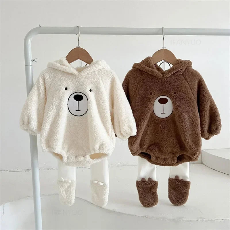 Baby Clothing Autumn Winter Cute Hooded Cartoon Bear Baby Crawling Clothes Pajamas Warm Double-sided Plush Jumpsuit Trousers Set