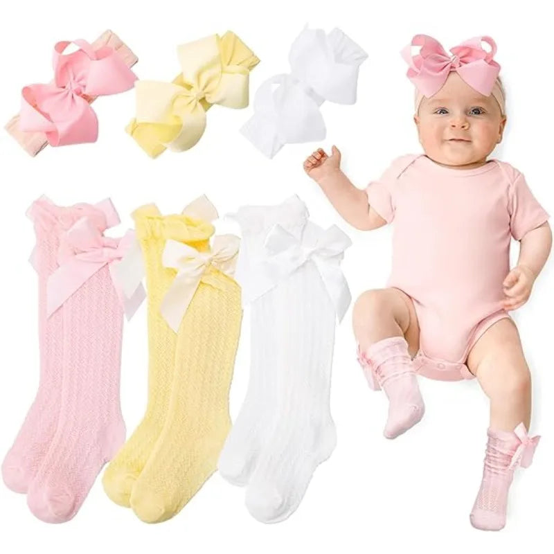 Baby Girls Big Bow Headband and Knee High Socks Cute Bows Lace Soft Super Elastic Headband for Newborn Infant Toddlers Headwear