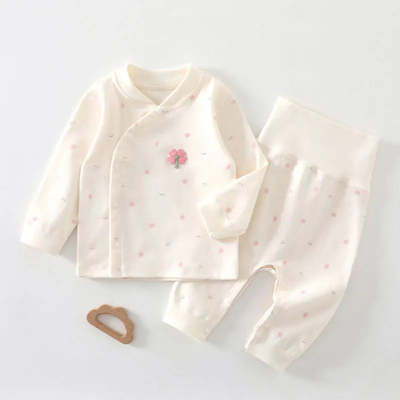 Baby Clothes 2Pcs Infant Spring Cotton Pajama Set V-Neck Long Sleeve High Waisted Belly Warming Printed Infant Clothing