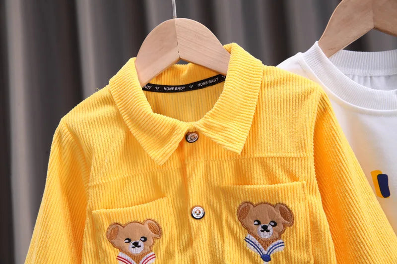 Conjunto de ropa para bebés y niñas pequeñas, primavera, otoño, pana, dibujos animados, conjuntos de ropa para niños, chaquetas con capucha y pantalones, traje para niños de 0 a 5 años