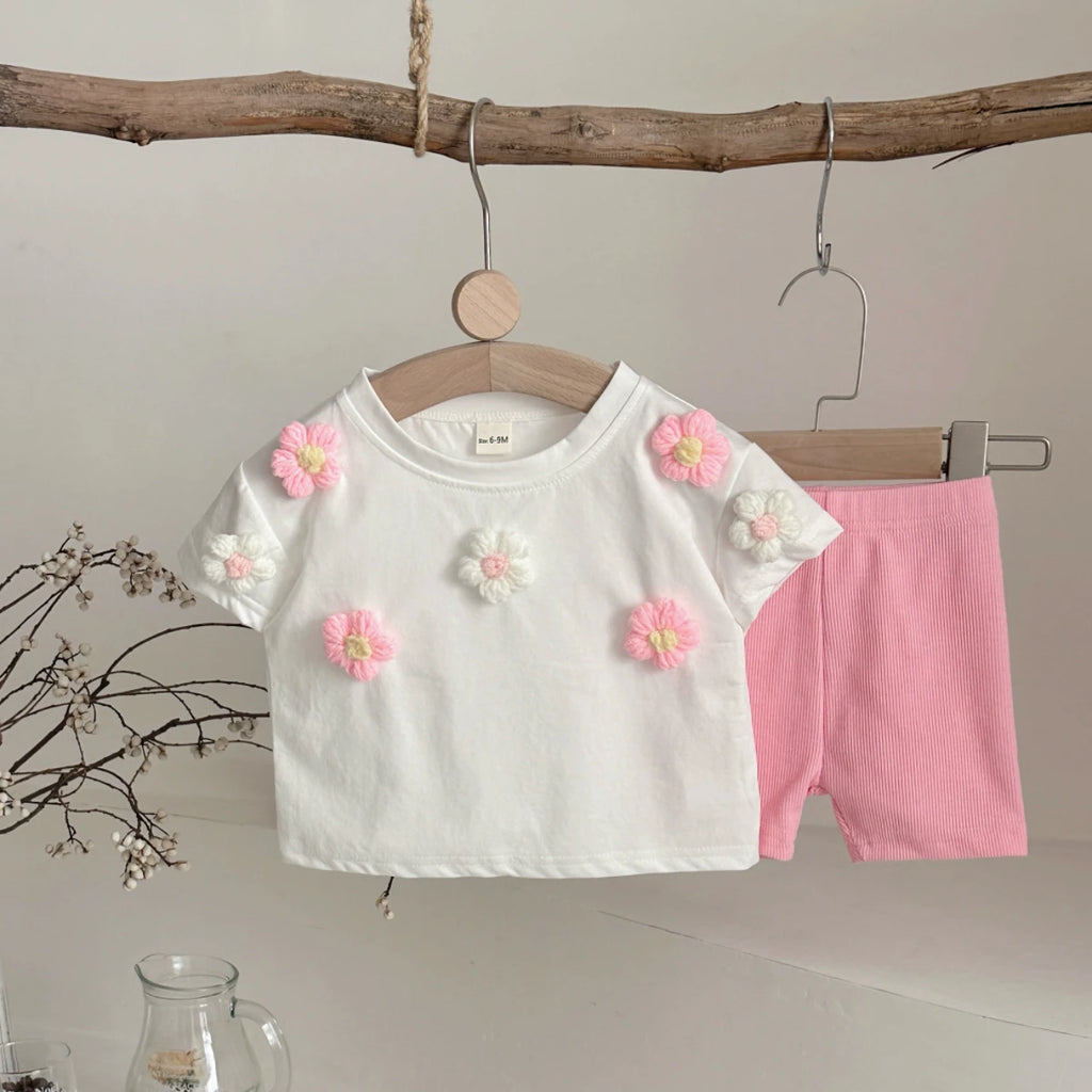 Summer Baby Girls Clothes Set Cartoon flower T-shirt+Shorts Leisure Home Clothing Suitable for babies aged 0-3 years old