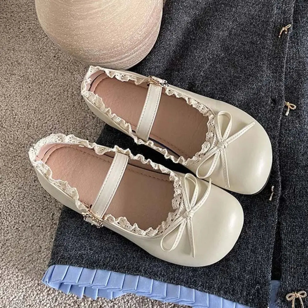 Lolita PU Leather JK Flat Shoes Bow Sweet Casual Ballet Flats Lace Ruffled Soft Sole Slip On Loafers Girls