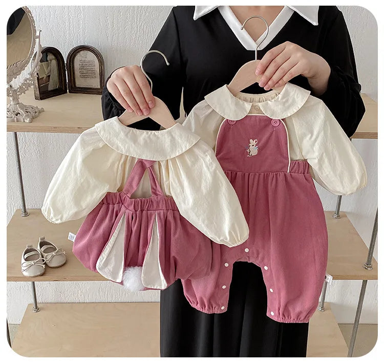 Baby Girl Two Piece Set Newborn Autumn Korean Children Clothing Baby Girls Solid Color Shirt Suspender Pants Cute Clothing