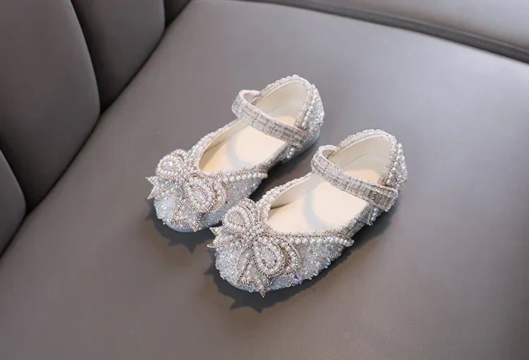 Sandalias para niñas, moda, lentejuelas, diamantes de imitación, lazo, zapatos de princesa para bebé, sandalias planas para niños, tallas 21-36
