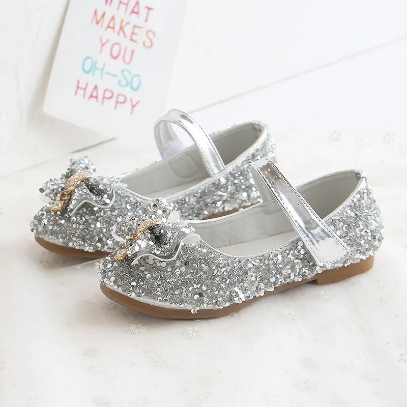 Children Leather Shoes For Girls Toddlers Big Kids Dress Shoes For Wedding Party Glitter Sequined Fabric With Bow-knot Mary Jane