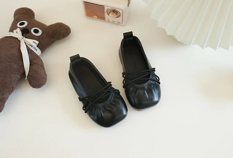 Baby Girls Leather Shoes Soft Princess Ruffles Pleated Mules Kids Casual Flats Slip-on 2025 Autumn New Children's Dress Shoes