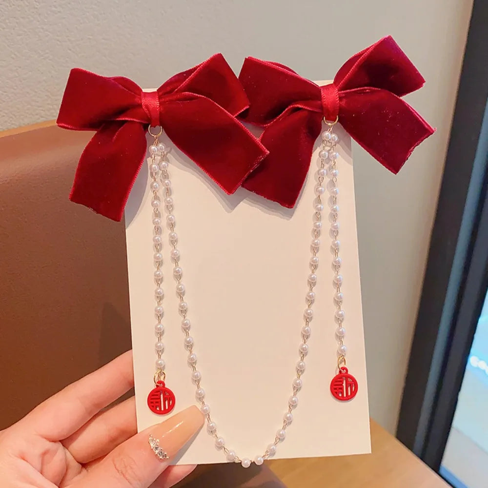 Dulce estilo princesa, perlas rosas, cadena de lazo, horquilla para el pelo para mujer, horquillas bonitas para la parte trasera de la cabeza para niñas, accesorios para el pelo