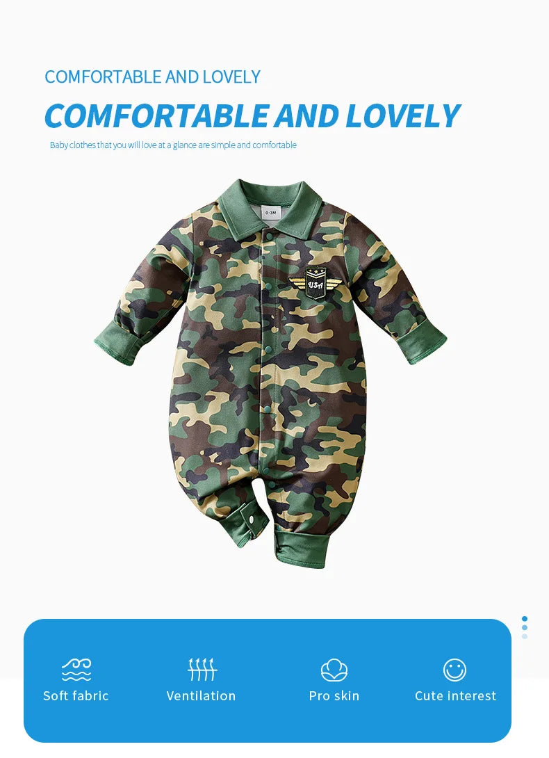 Newborn Clothes Cool Camouflage Badge Comfortable And Soft 0-18 Boys And Girls Spring And Autumn Long Sleeved Baby Jumpsuit