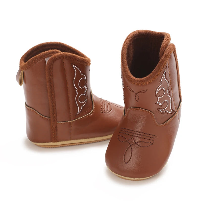 Leather Western Boots Cowboy Bootie Soft Sole Non-Slip Crib Shoes for Baby Infant Toddler Girls Boys Newborn