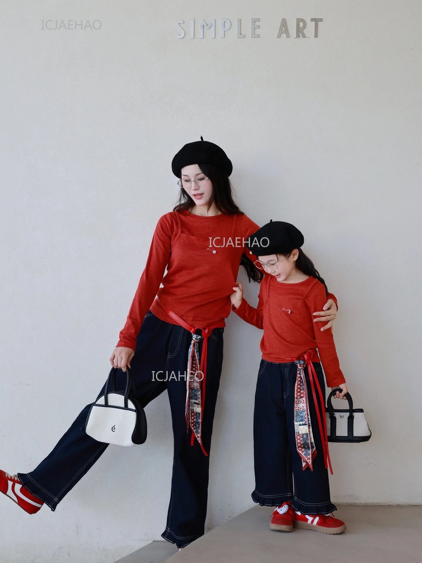 Matching Mother Daughter Children Orange Casual Outfit Straight Leg Jeans with Ribbon Trim Wide Leg Soft Denim Pants and Top Set