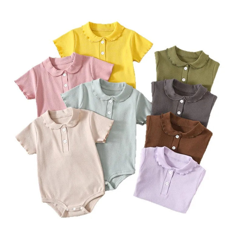 Neugeborene Sommer Baby Mädchen Kleidung Revers-Jumpsuits Einfarbige Kurzarm Baumwoll-Bodys Babykleidung 0–24 Monate