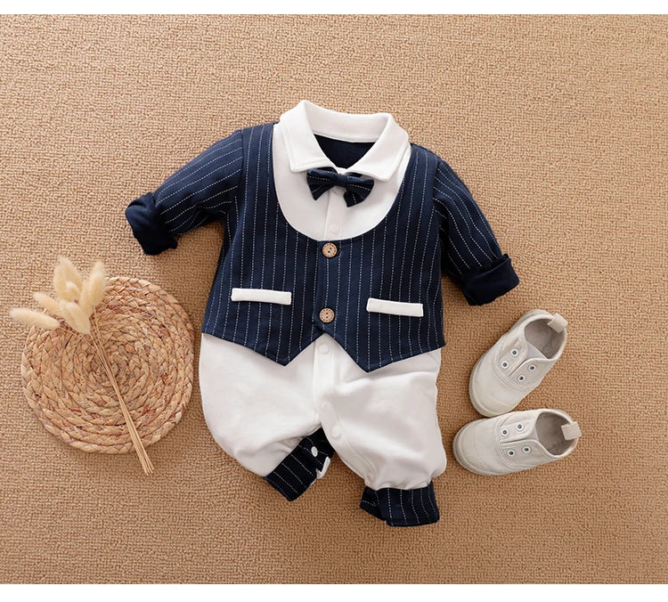 Ropa de bebé recién nacido primavera y otoño 0-18m, estilo caballero, vestido formal elegante, fiesta, algodón, cómodo, mono de bebé de manga larga