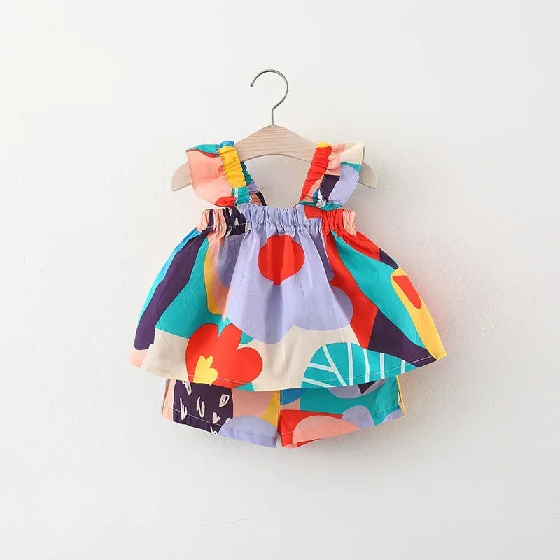 Sommer Baby Mädchen Bekleidungssets Träger-Top Farbpassende Blumenweste + Kinder Freizeit Hose Kleinkind Kleidung Anzug