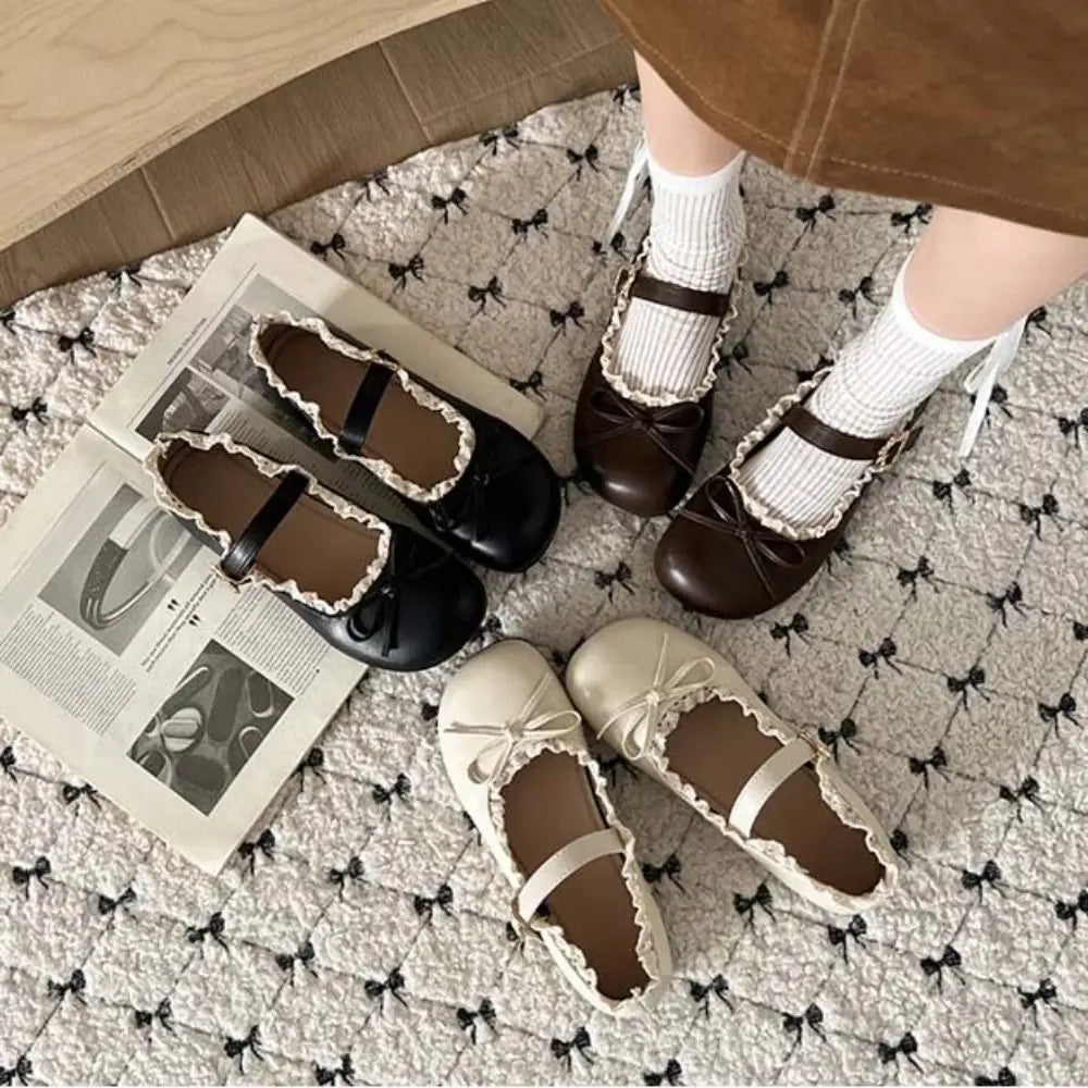 Fashion PU Leather JK Flat Shoes Lace Ruffled Sweet Casual Ballet Flats Soft Sole Bow Slip On Loafers Girls