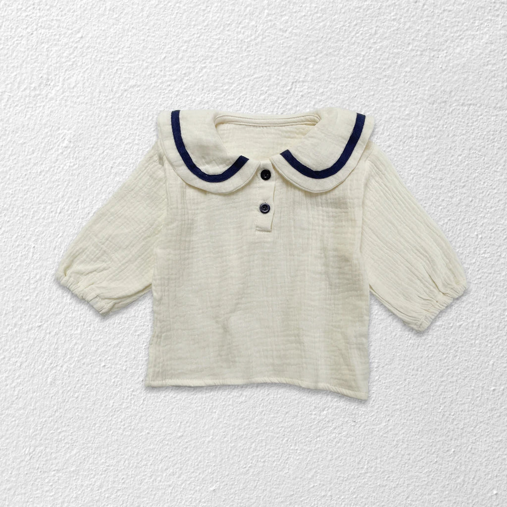 Newborn Baby Girls Boys Autumn Full Sleeve Navy Collar Top Tees Solid Bread Bottoms Infant Kids Pure Cotton Clothing Set 2pcs