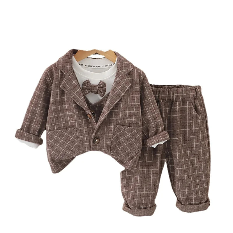 Children Clothing Spring Autumn Baby Boys Wear Infant Lapel Plaid T-Shirt Pants 3pcs/sets Toddler Casual Suit 0-5 Years