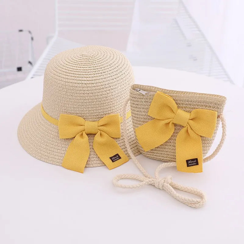 Summer Girls Beach Sun Hats Lotus Leaf Brim Cute Squinting Eyes Bowknot Outdoor Sun Protection Children Straw Cap Kids