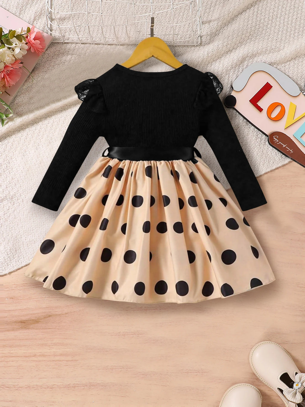 Baby Girl's Elegant Spring and Autumn Dress, Baby Girl's Lace Mesh Edge Round Neck Soft Long-Sleeve Patchwork Polka Dot All-Over Print Mid-Length Dress, Toddler Outdoor Elegant and Comfortable Clothing, Baby's Daily Outing Si