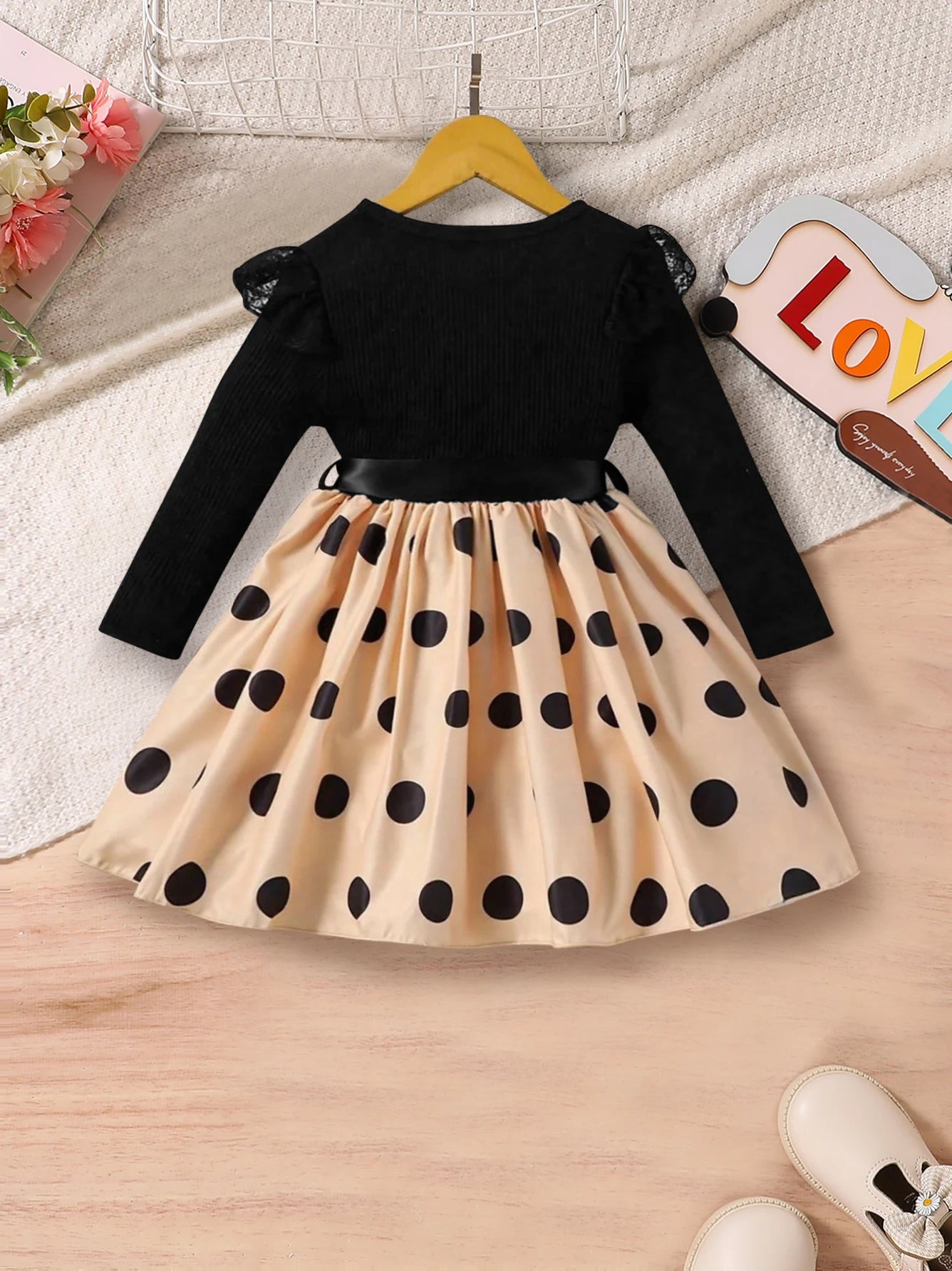 Baby Girl's Elegant Spring and Autumn Dress, Baby Girl's Lace Mesh Edge Round Neck Soft Long-Sleeve Patchwork Polka Dot All-Over Print Mid-Length Dress, Toddler Outdoor Elegant and Comfortable Clothing, Baby's Daily Outing Si