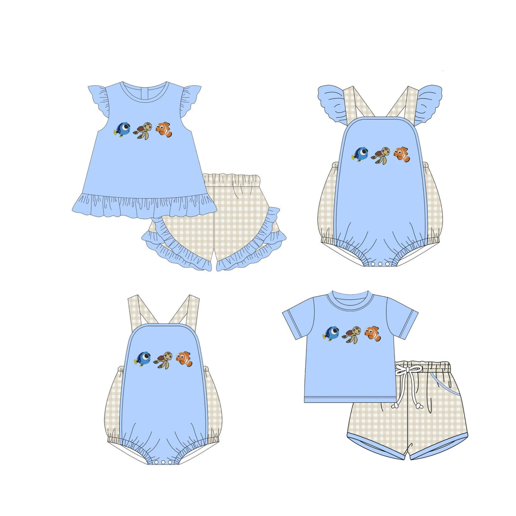 Cartoon Boutique Clothe Baby Romper Green Plaid Fishes BoysGirls Sets Print Toddler Girls Clothing Children Summer Sets