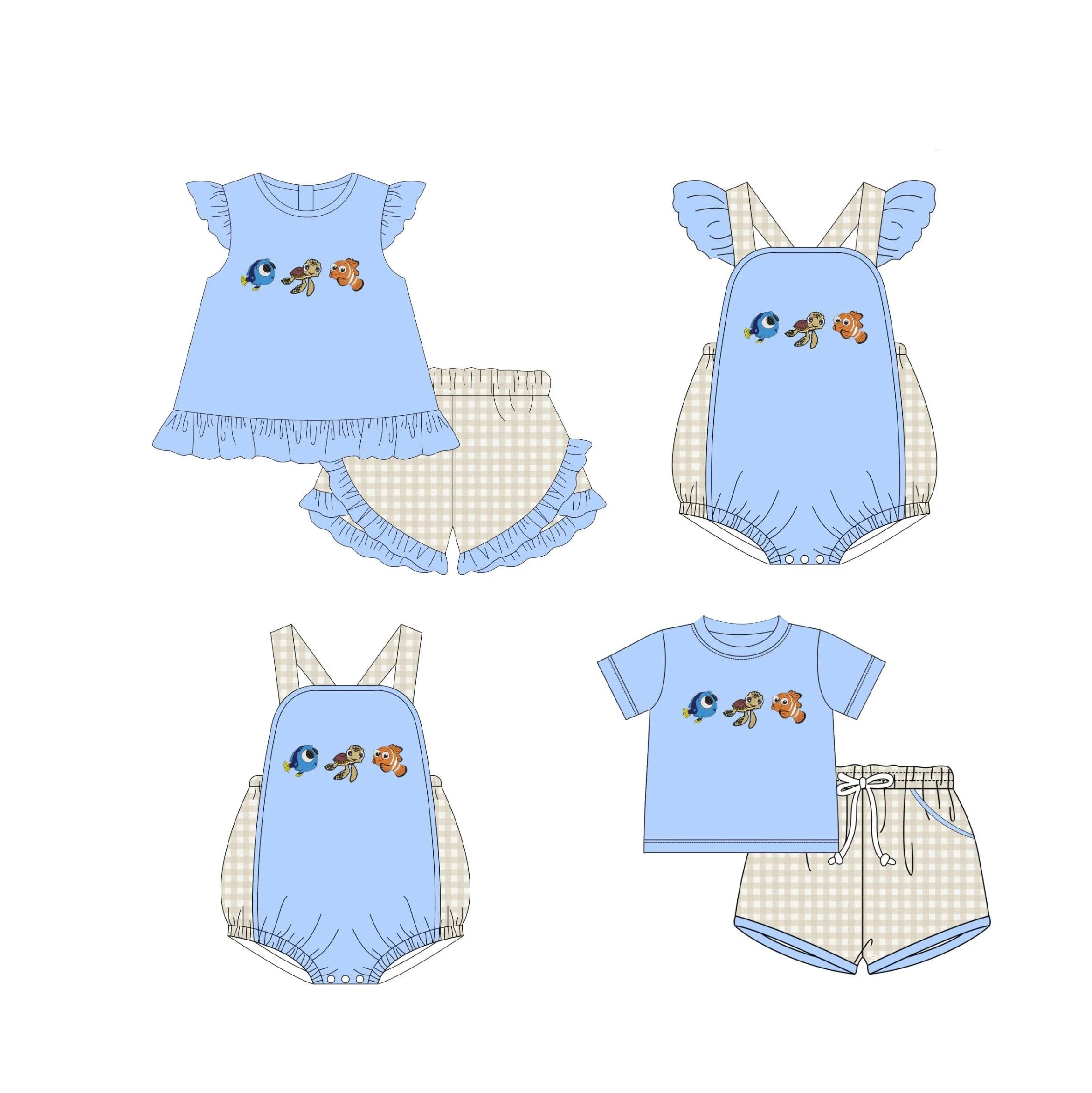 Cartoon Boutique Clothe Baby Romper Green Plaid Fishes BoysGirls Sets Print Toddler Girls Clothing Children Summer Sets