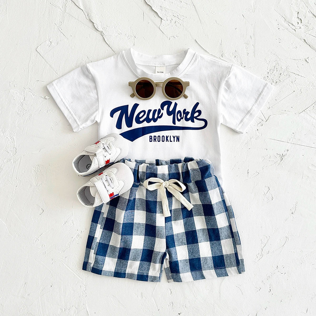 Neugeborene Babykleidung Set für Jungen und Mädchen, lässig, 2-teilig, mit Buchstaben bedrucktes Kurzarm-T-Shirt + karierte Shorts, Baby-Outfit 0-3 Jahre