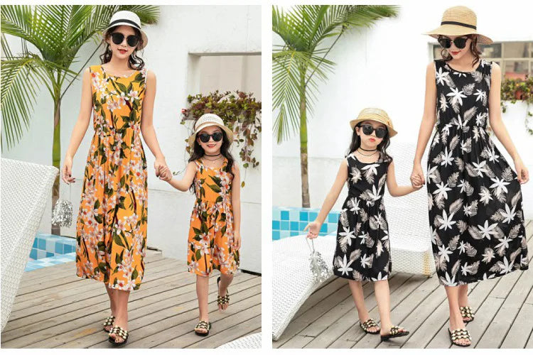New Mother Daughter Summer Dresses Sleeveless Floral Flower Print Sundress Mom Mommy and Me Beach Dress Family Matching Outfits