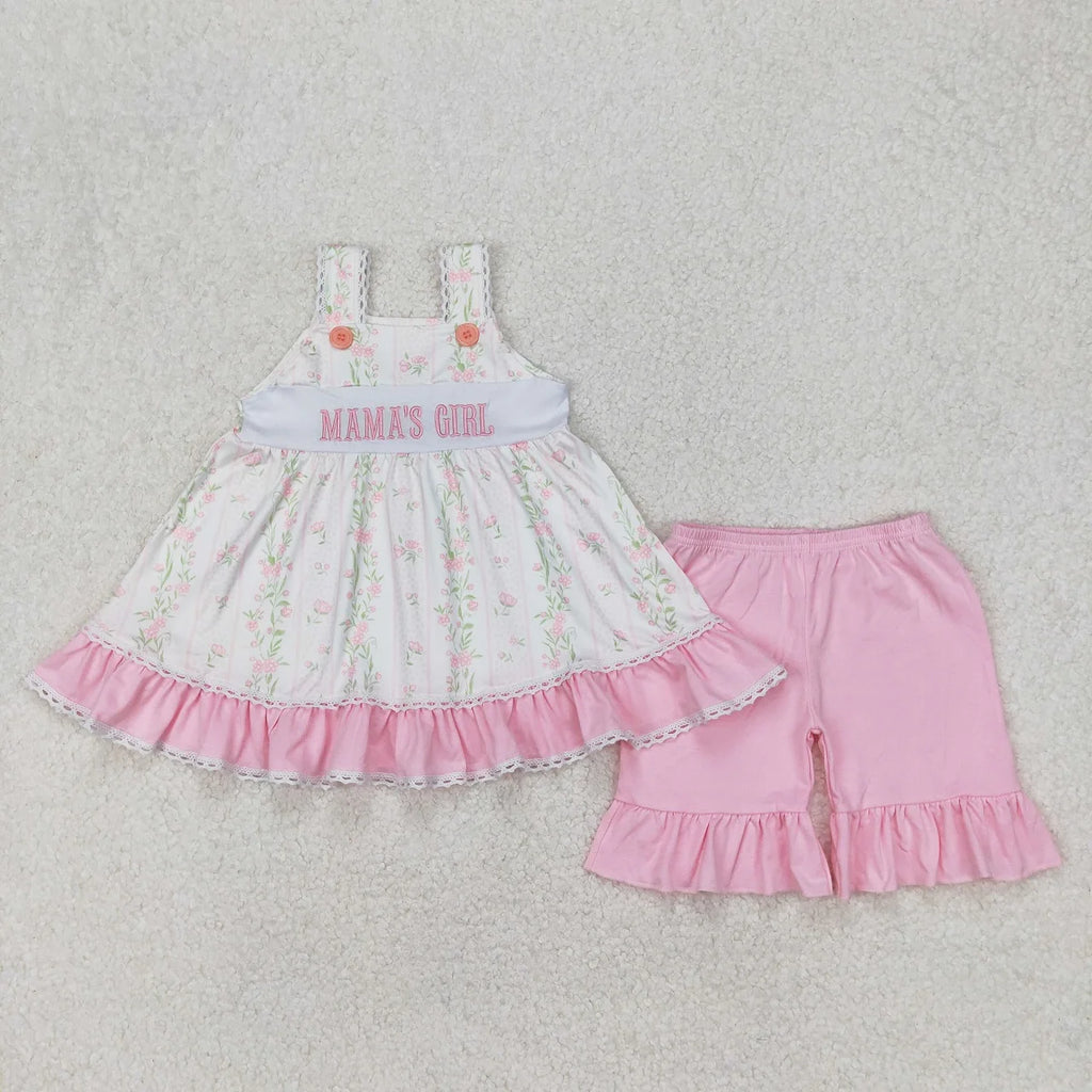Wholesale Toddler Embroidery Baby Girl Sleeveless Flower Stripes Shirt Ruffle Blue Cotton Shorts Clothes Outfit Children Kid Set
