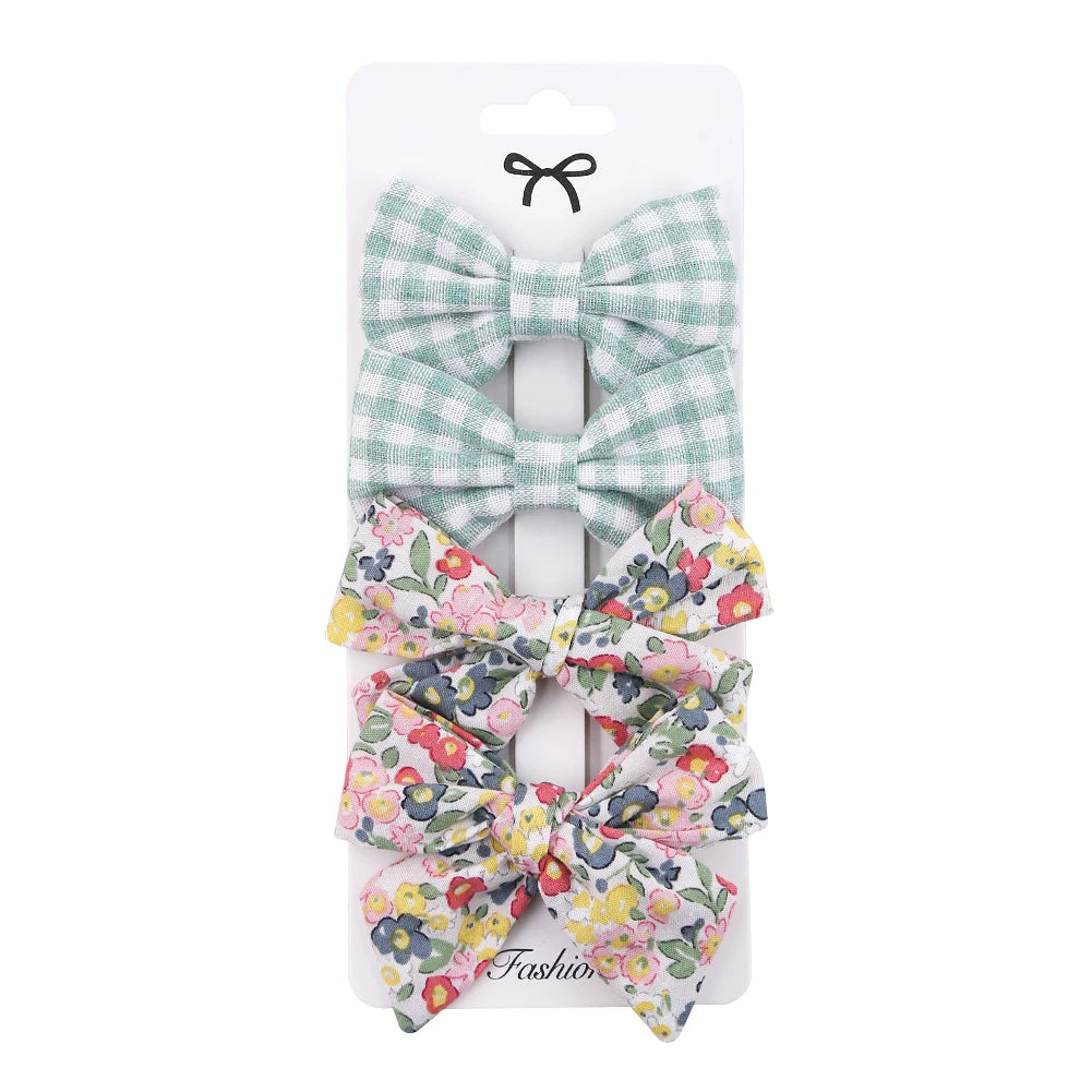 4Pcs/Set Baby Bows Hair Clips Muslin Girls Hairpins Hairclip For Kids Cotton Linen Barrette Flower Print Side Pin  Accessories