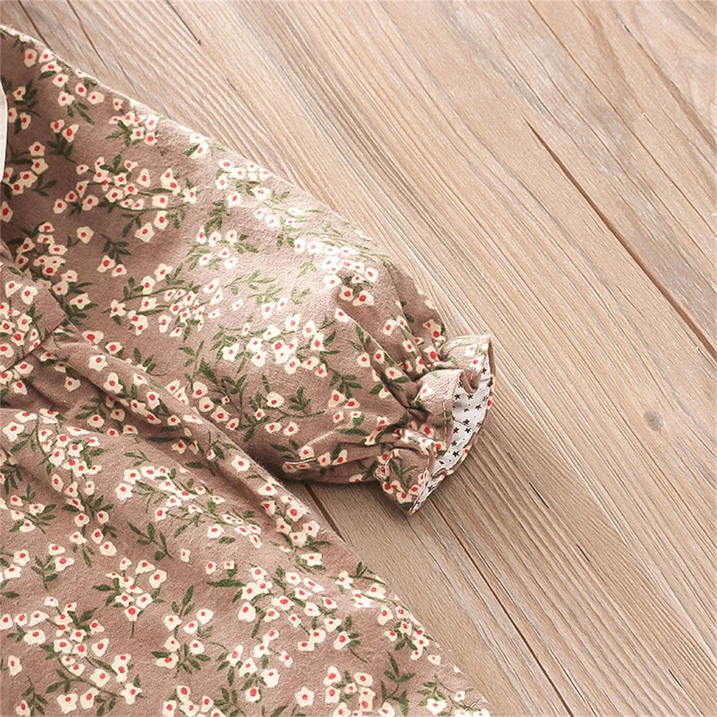 Fall Winter New Girls' Dress Lapel Floral Full Camp Bow Ribbon Lace Pleated Puffy Sleeves Sweet Girls' Dress